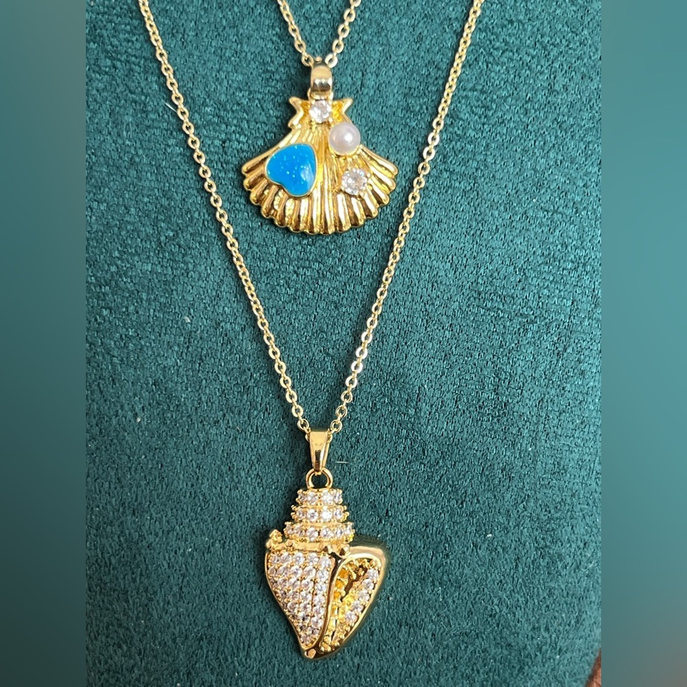 Gold & CZ Conch Shell with Clamshell, Pearl and Band Heart Pendant Necklaces
